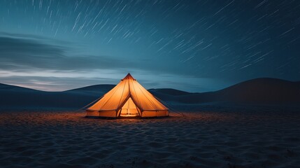 Tent glows under stars on desert dunes.