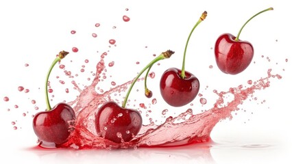 Four Cherries Splashing in Juice Dynamic Composition, Red Fruit, Vibrant Photography, Refreshing Concept Cherry Splash, Fruit Photography