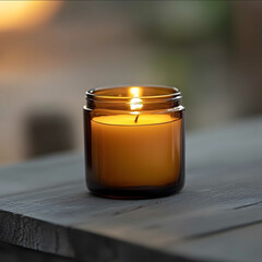 a candle in an amber glass jar