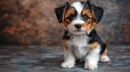 Adorable tricolor puppy poses studio backdrop