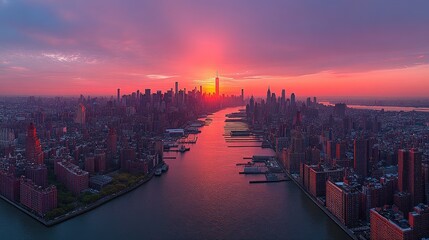Fototapeta premium Aerial sunset view of Manhattan skyline, cityscape, river