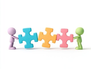 Two cartoon figures connect colorful puzzle pieces together.
