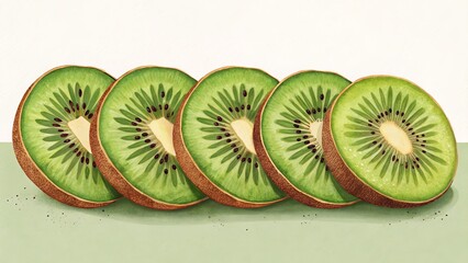 Watercolor Kiwi Slices Composition of Five, Green Fruit, Botanical Illustration, Food Photography Kiwi, Watercolor Painting