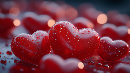 A vertical image with a red background and 3D glossy red hearts, creating a romantic backdrop or Valentineâ€™s Day design. 