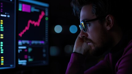 Person analyzing stock market data on multiple screens in a dark environment.