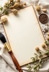 Blank paper with brush dried flowers and seeds in a bowl