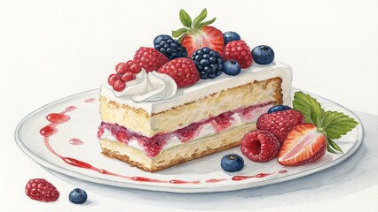 Watercolor Slice of Berry Cake Layered Composition, Detailed Berries, Delicious Concept, Dessert Painting Keywords Cake, Watercolor