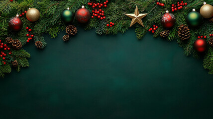 A close-up of a dark green background decorated with evergreen boughs, red and gold ornaments