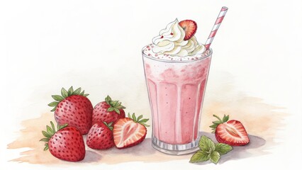 Watercolor Strawberry Milkshake Illustration Whipped Cream, Fresh Strawberries, Glass, Straw, Strawberry Smoothie Strawberry, Milkshake