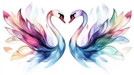 Two elegant swans gracefully entwined, showcasing vibrant watercolor feathers in a harmonious embrace.