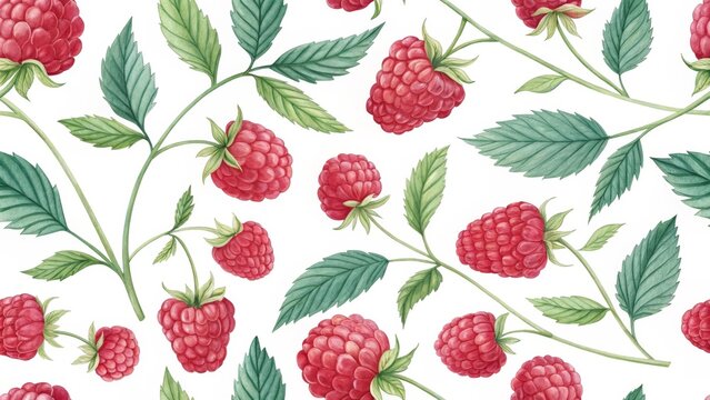 Watercolor Raspberry Seamless Pattern Botanical Illustration, Red Berries, White Background Raspberry, Berries