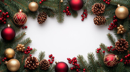 A horizontal image featuring a festive Christmas border composed of evergreen branches, red and gold ornaments, pine cones, and berries. 