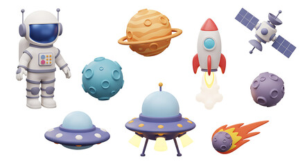 Space 3d vector icon set. Astronaut, planet, satellite, rocket, flying saucer, comet cartoon objects
