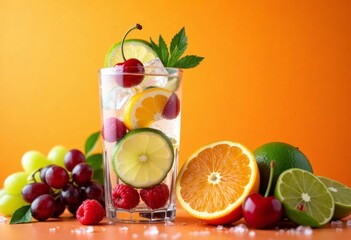 Fruit-infused drink with lime, orange, raspberries and cherry against orange backdrop