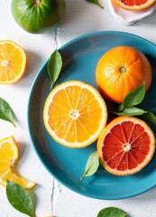 Citrus fruits sliced on a blue plate with green leaves