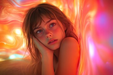 Naklejka premium Girl's face, vibrant colors, dreamy portrait.