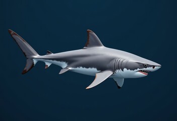 Gray shark with red mouth swimming on dark blue background