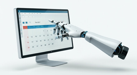 未来的なデザインのロボットハンドがカレンダーを操作するPCモニターと対話する描写