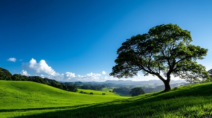 Obraz premium Solitary Tree on a Verdant Hillside Under a Bright Blue Sky