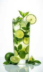 Lime and mint drink with ice and whole limes