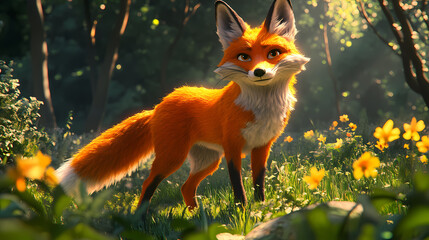 A vibrant orange fox with a bushy tail stands alert in a lush green meadow, its piercing gaze directed towards the camera. Blazing Meadow. Illustration
