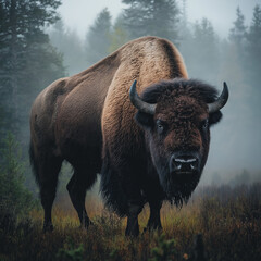 Majestic bison standing in a misty forest setting, showcasing its powerful presence