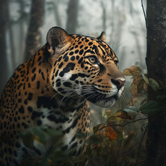 Obraz premium Intense close-up of a jaguar in a misty forest, showcasing its beauty and alertness