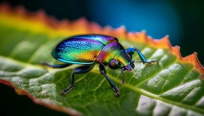 Naklejka premium Vibrant iridescent beetle on a leaf.