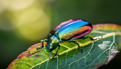 Vibrant iridescent beetle on a leaf.