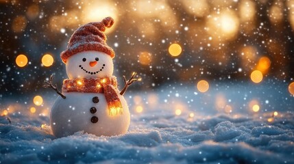Cheerful Snowman in Winter Wonderland with Fairy Lights and Snowy Landscape