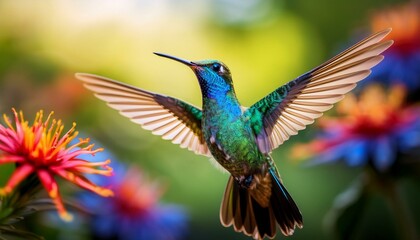 Vibrant hummingbird in flight, wings spread wide, hovering near colorful flowers.