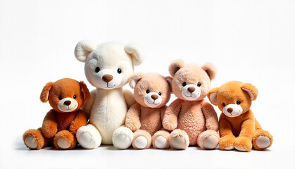 Charming collection of plush teddy bears and puppy toys sitting together against a light background