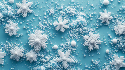 A full-frame image of a soft, light blue background speckled with numerous small, white snowflakes. 
