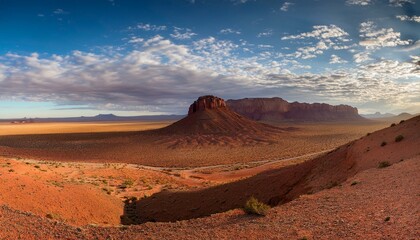 Fototapeta premium Majestic desert landscape at sunrise, showcasing a dramatic rock formation under a vibrant sky.