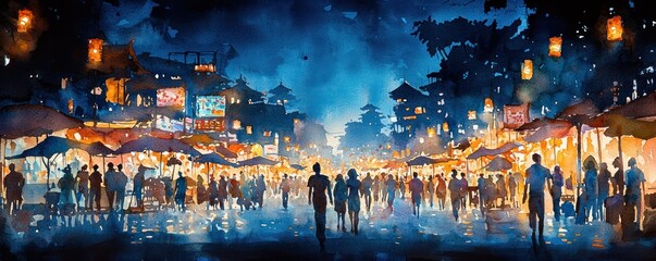 Fototapeta premium Vibrant watercolor painting a bustling night market with lights and shadows