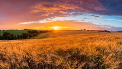 Golden hour sunset over a vast field of wheat. The warm colors paint the sky and landscape.