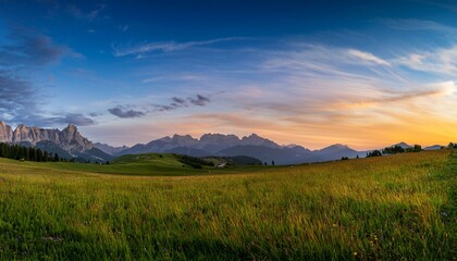 Serene sunset over a vast meadow, majestic mountains in the background.