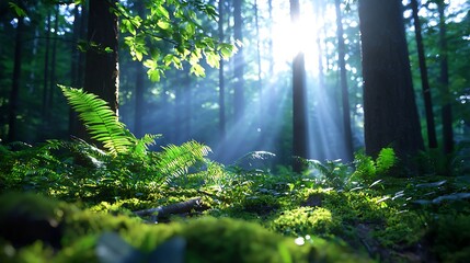 Obraz premium Sunbeams Filtering Through a Lush Green Forest