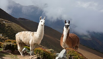 Two llamas standing on a mountainside, one white and one brown.