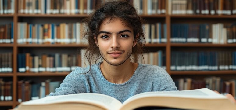 Indian male student studying online in university library using laptop for AI teacher video lesson remote education course
