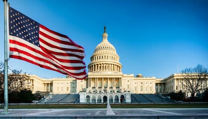 US Capitol Building with flag waving on a sunny day.