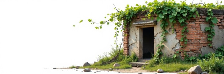 Crumbling foundation with vines on white background, crumbly, decay, vegetation