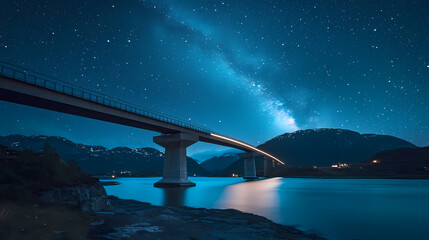 Fototapeta premium Long exposure reveals a celestial masterpiece over norway's halogaland bridge. Celestial Bridge. Illustration