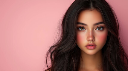 Naklejka premium A beautiful woman with long brown hair, showcasing healthy hair and beauty. 