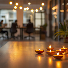 Closeup 45degree high view of a modern office desk in an open space during Diwali Diyas are placed on the far right side of the desk with a clear empty space in the fo