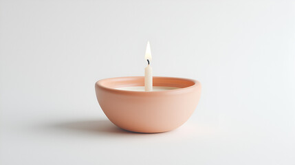 A single candle flame gently glows in a peach-colored bowl, creating a serene and peaceful atmosphere.