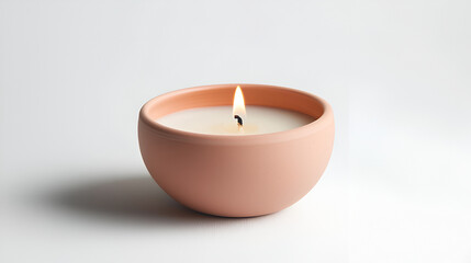 A lit candle in a peach-colored bowl, sitting on a white background.  Soft light and serene atmosphere.
