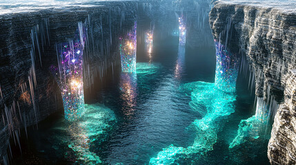 Enchanted Crystal Grotto: A Surreal Winter Landscape of Glowing Waterfalls and Mystical Caves
