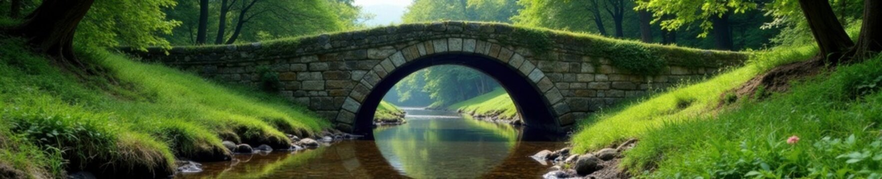 Crumbling stone bridge spanning over a small stream, overgrown, decayed, water
