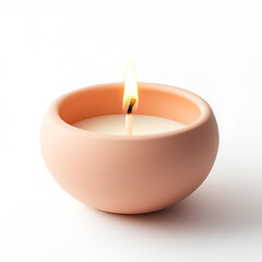 A lit candle in a peach-colored bowl, casting a warm glow. Perfect for relaxation and ambiance.